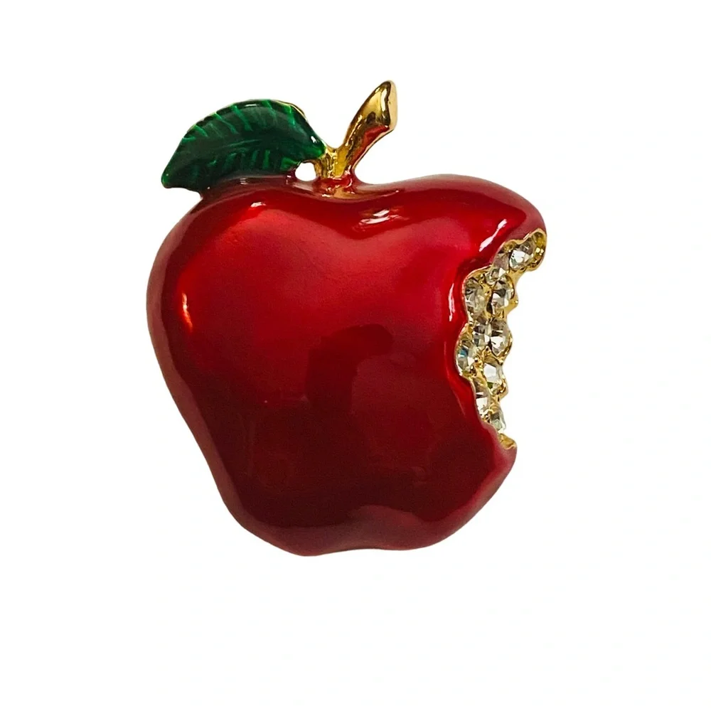 Vintage Brooch Shiny Apple Red Enamel Gold Tone Rhinestone Premier Designs
